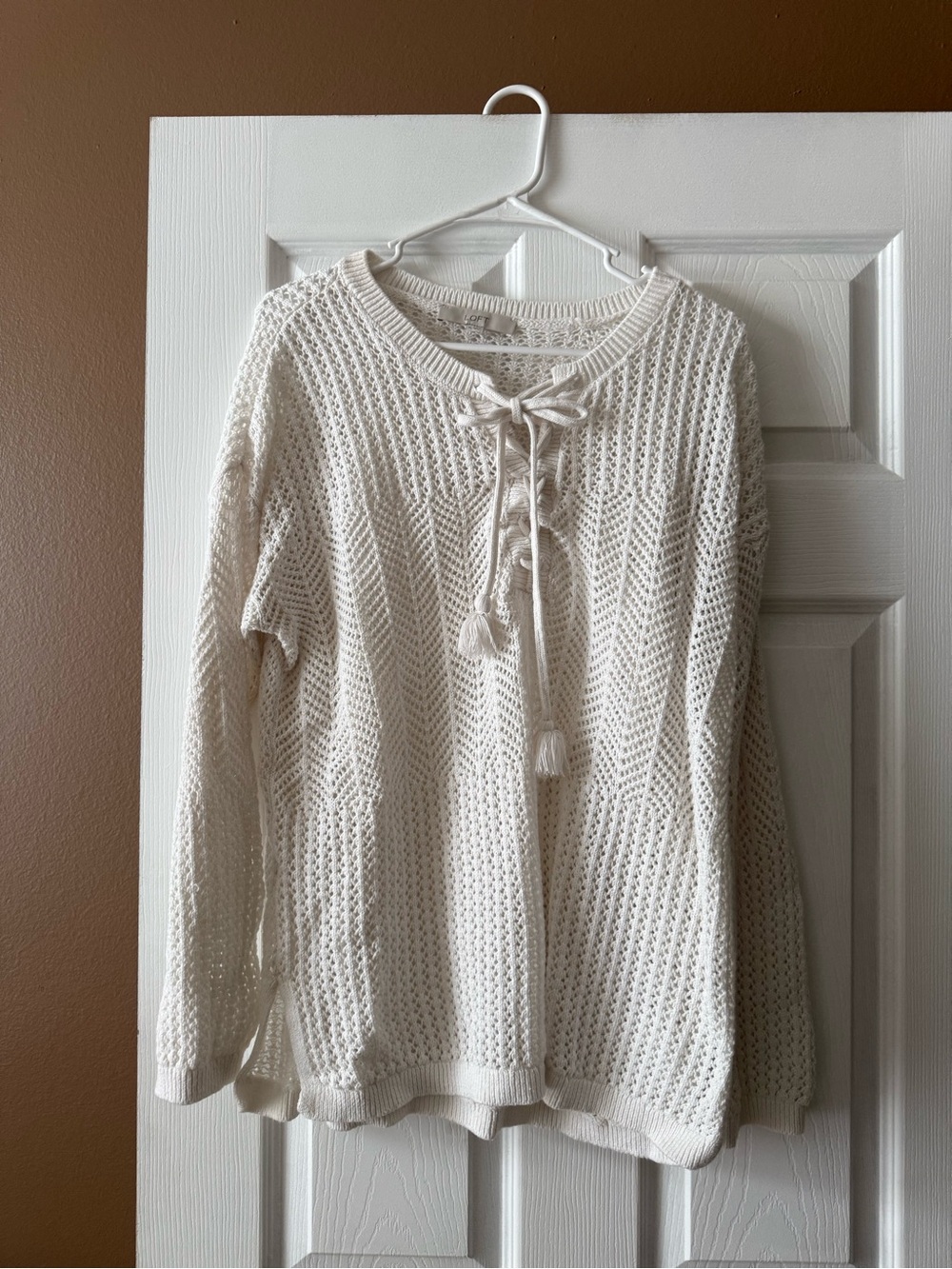 White Lace-Up Knit Sweater - Loft